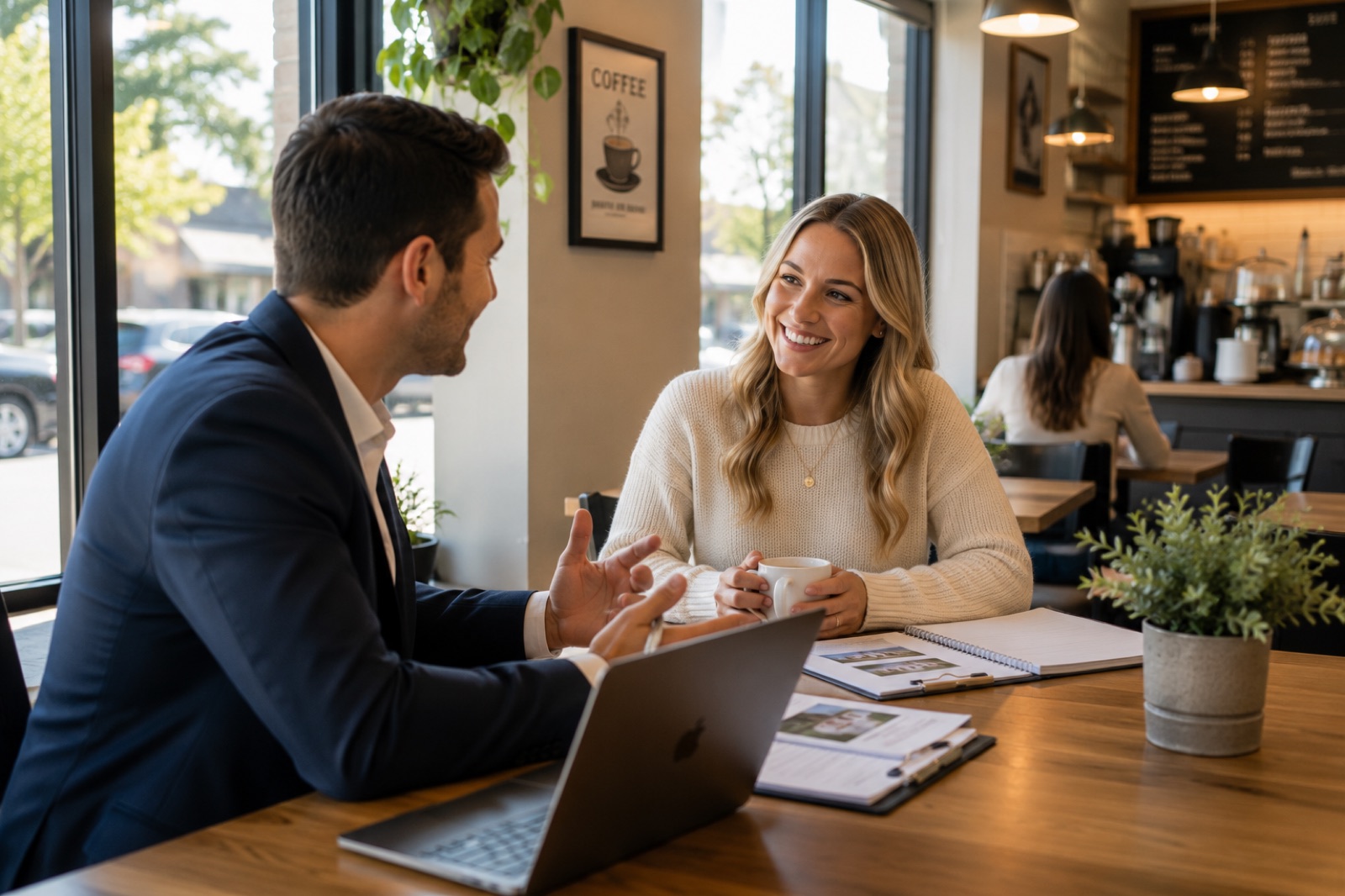 An agent talking with clients over coffee