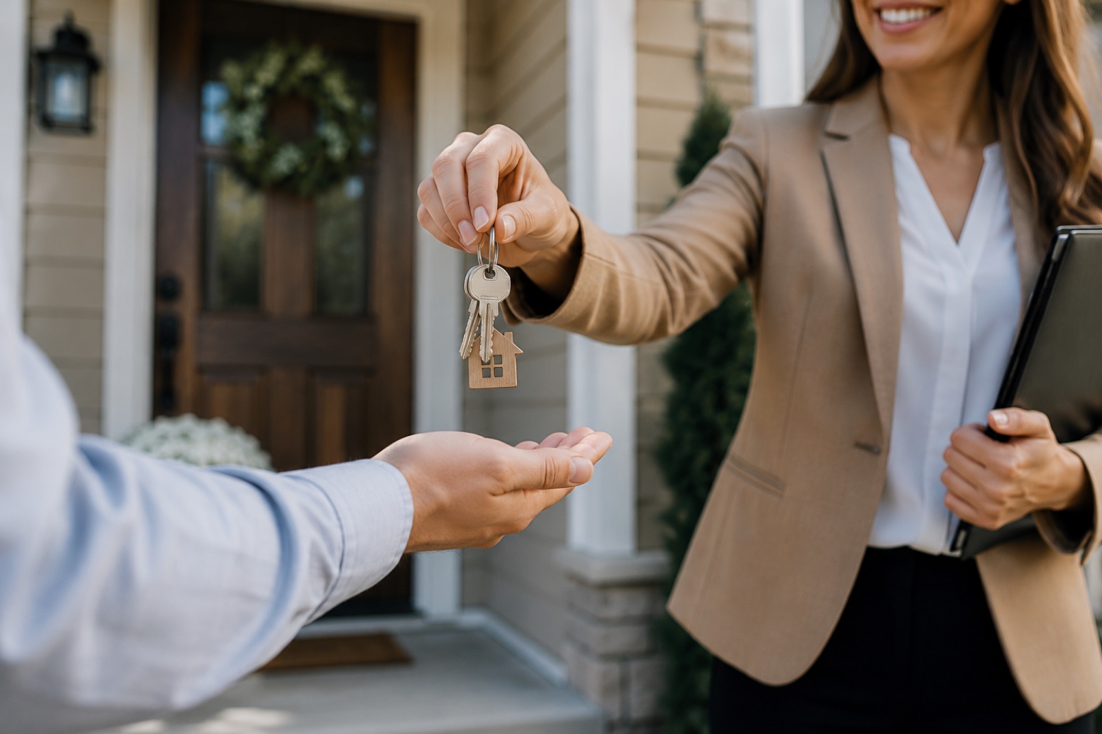 An agent handing over keys to new homeowners