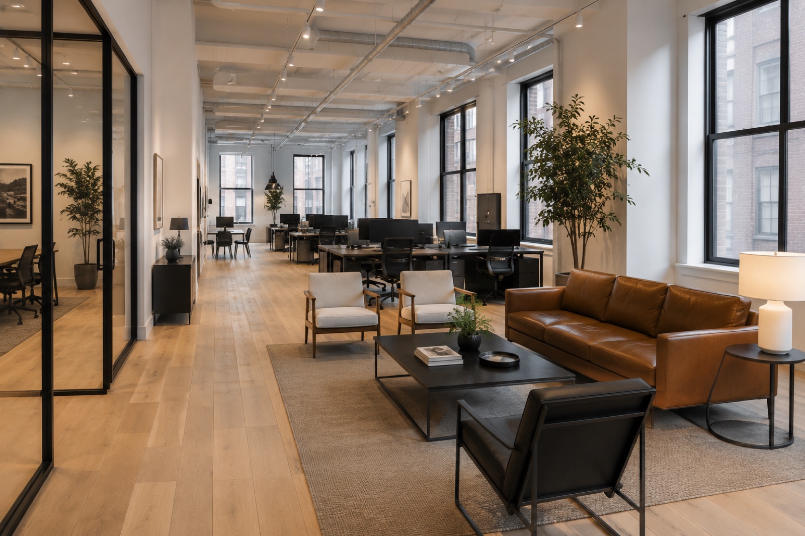 A brokerage office lounge with warm daylight