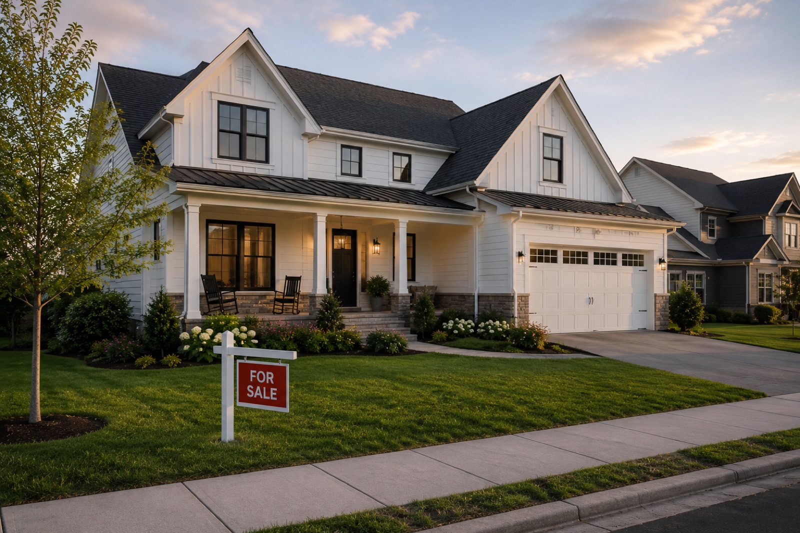 A modern farmhouse with a For Sale sign in the front yard