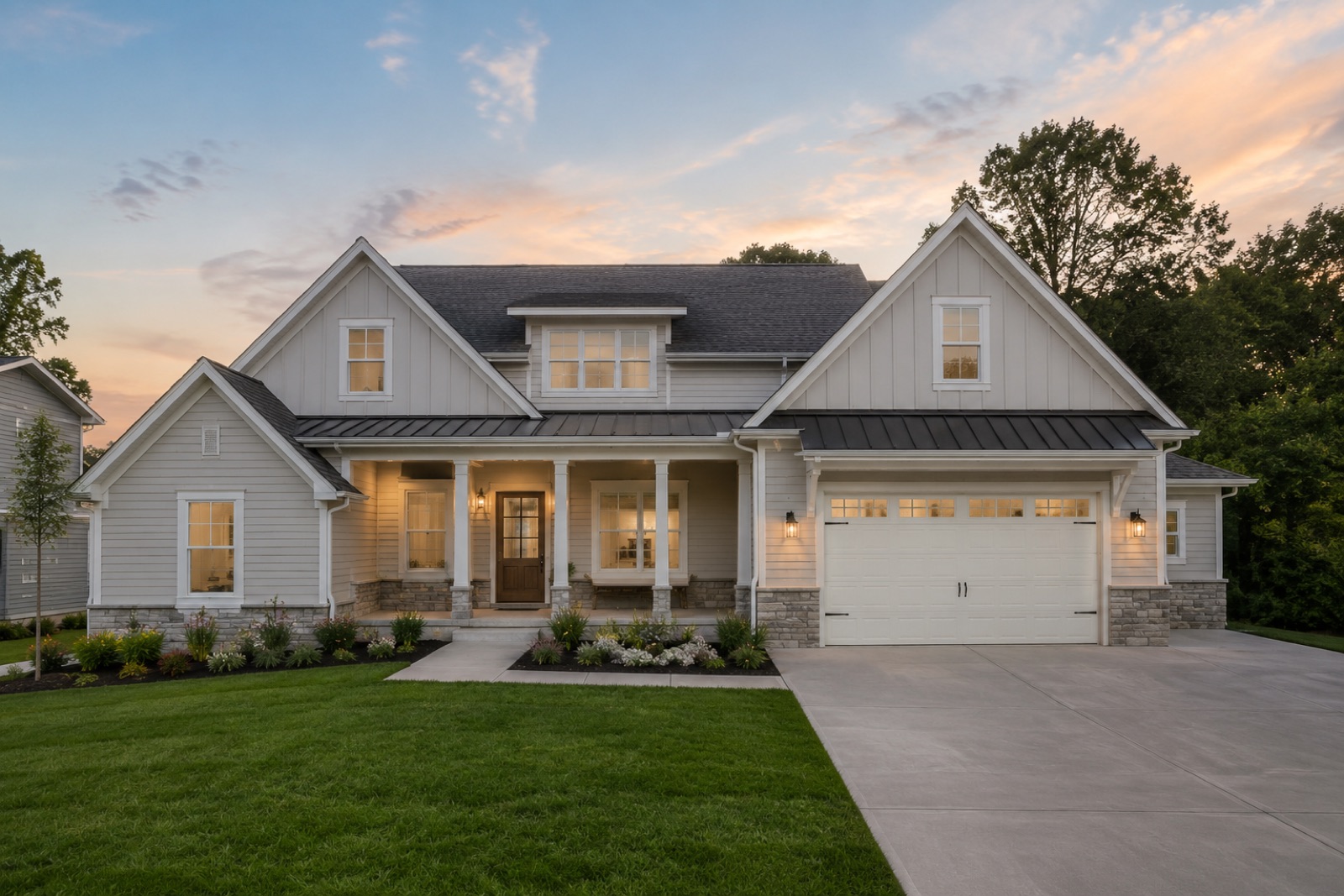 A craftsman home at dusk