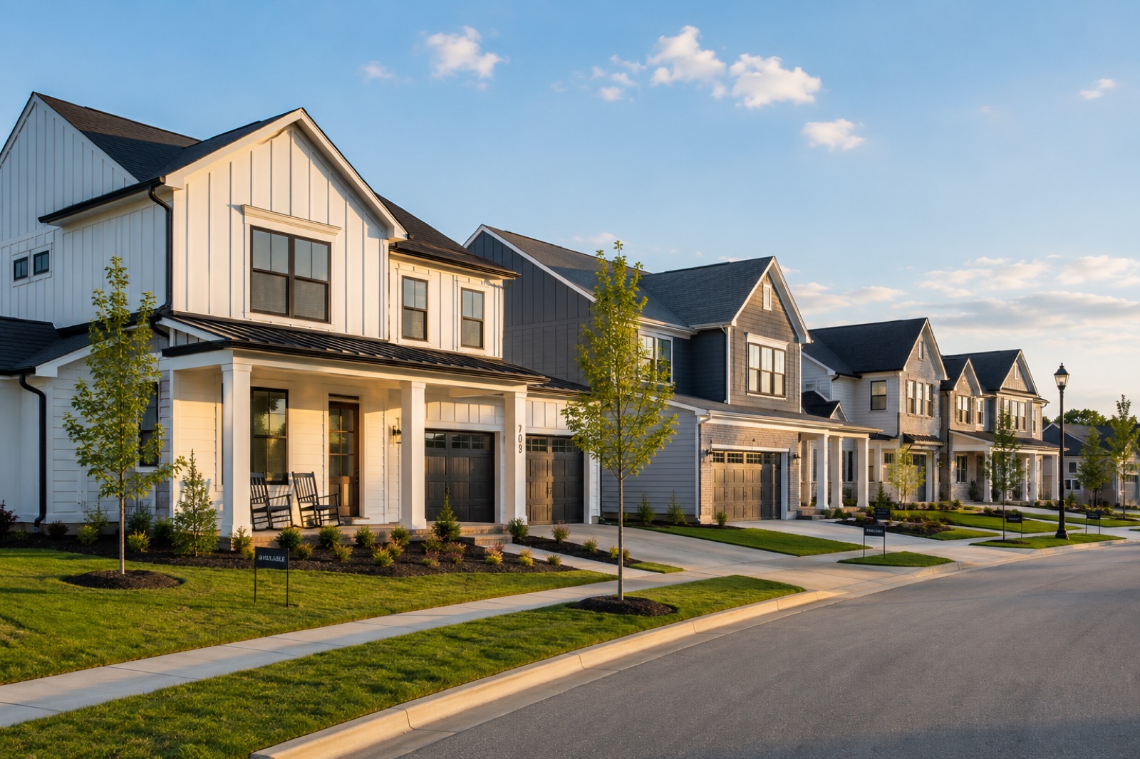 Newly completed modern farmhouse with fresh landscaping