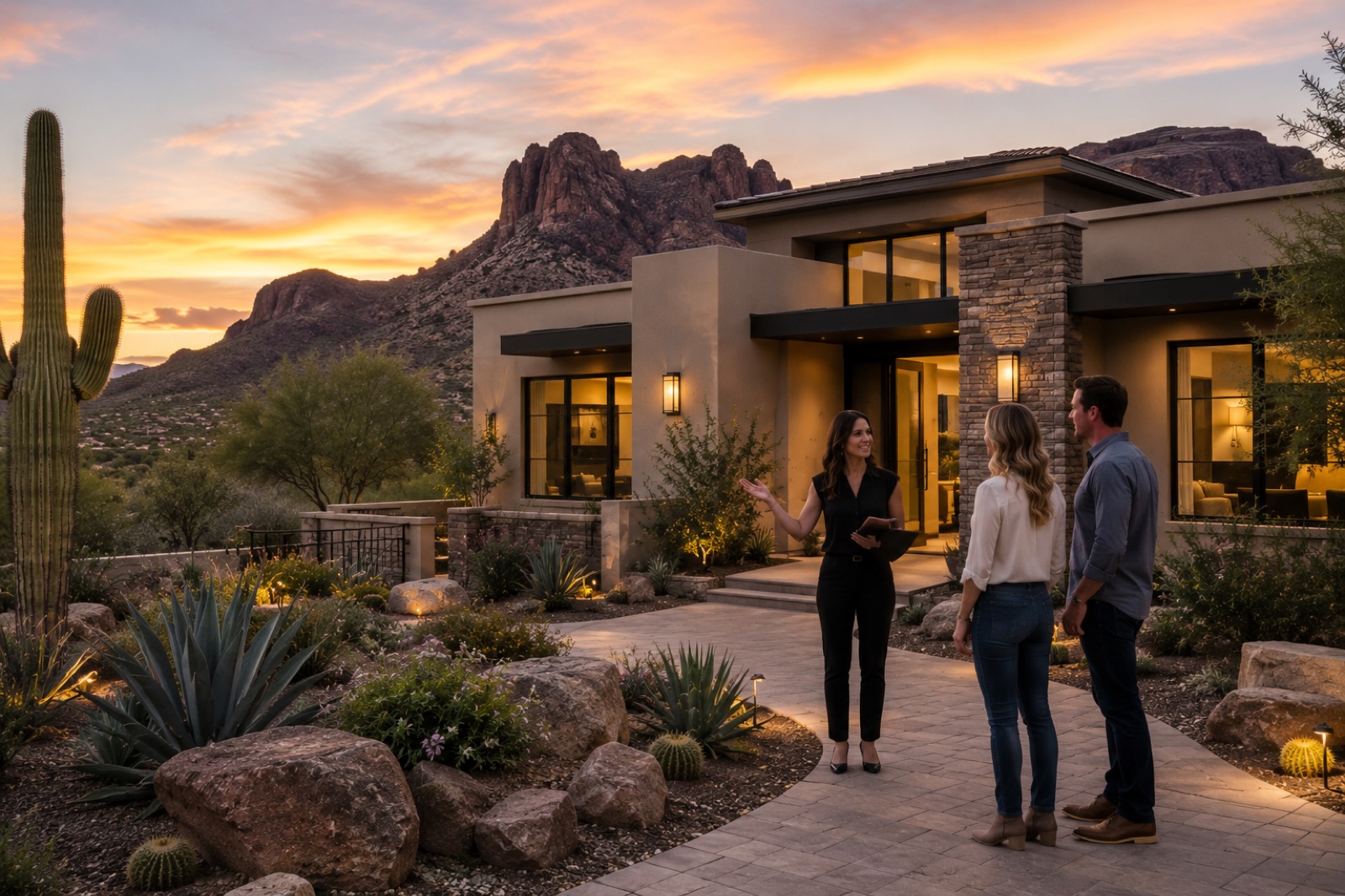 A local agent meeting clients outside their new home